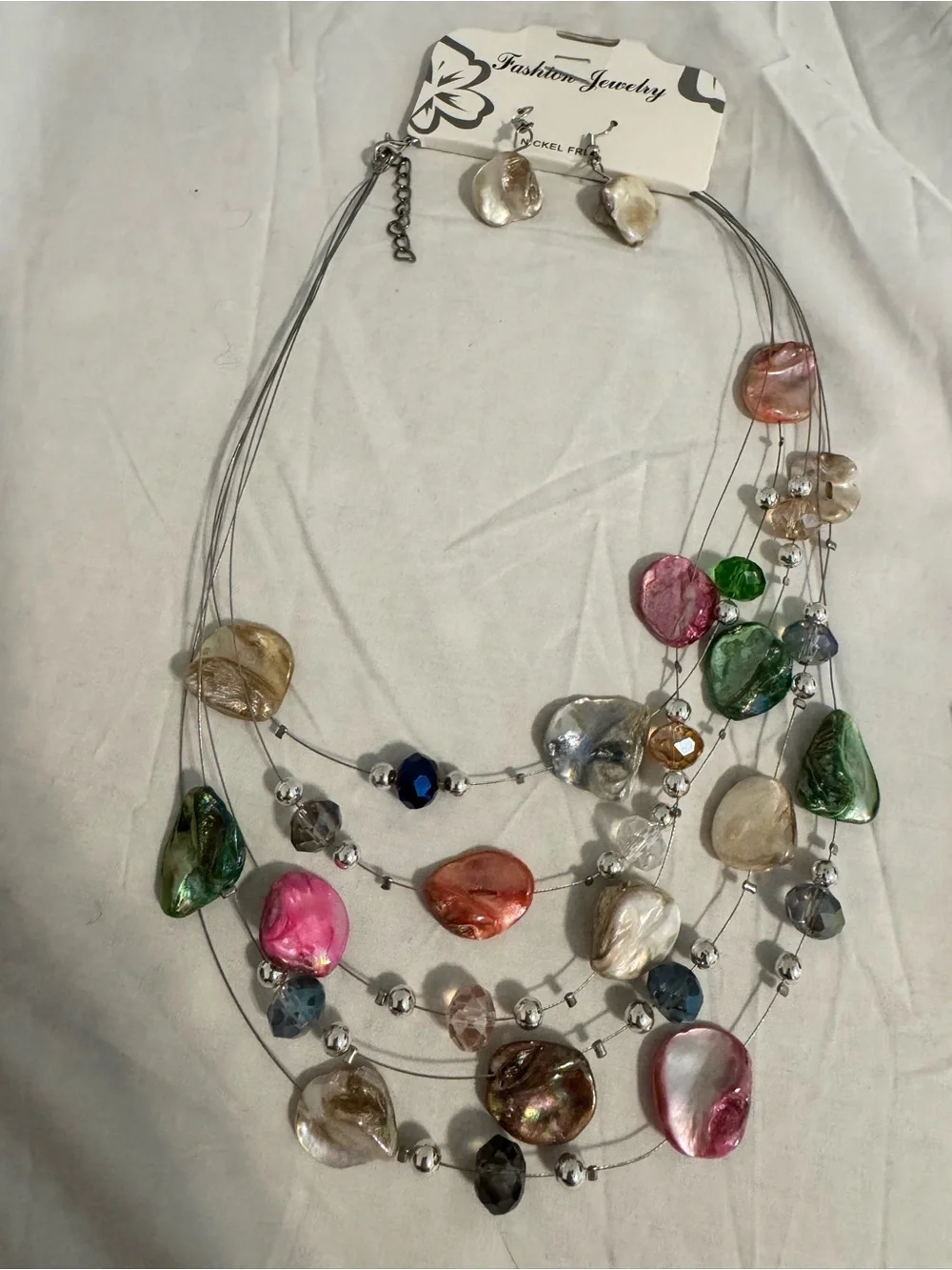 Fashion Jewelry Multicolor Layered Glass and Pearl-Effect Necklace with Earrings